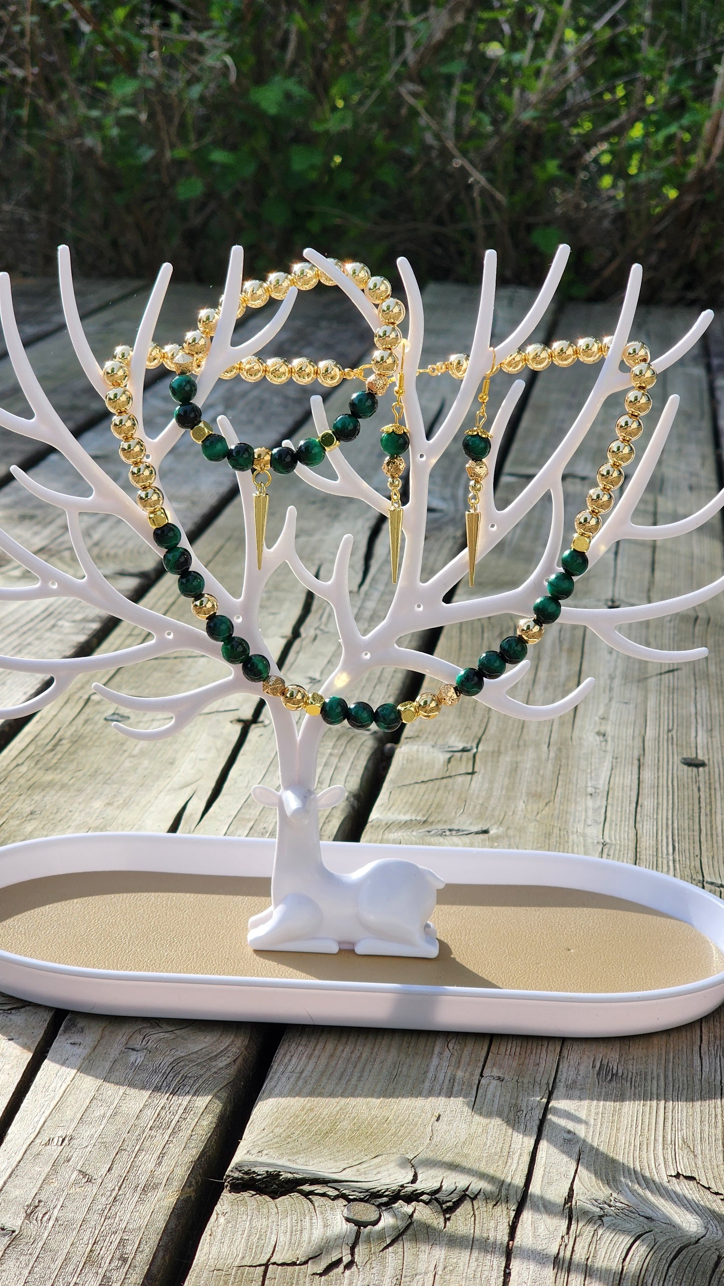 Ensemble de bijoux / collier / bracelet / boucles d'oreilles Oeil de tigre vert