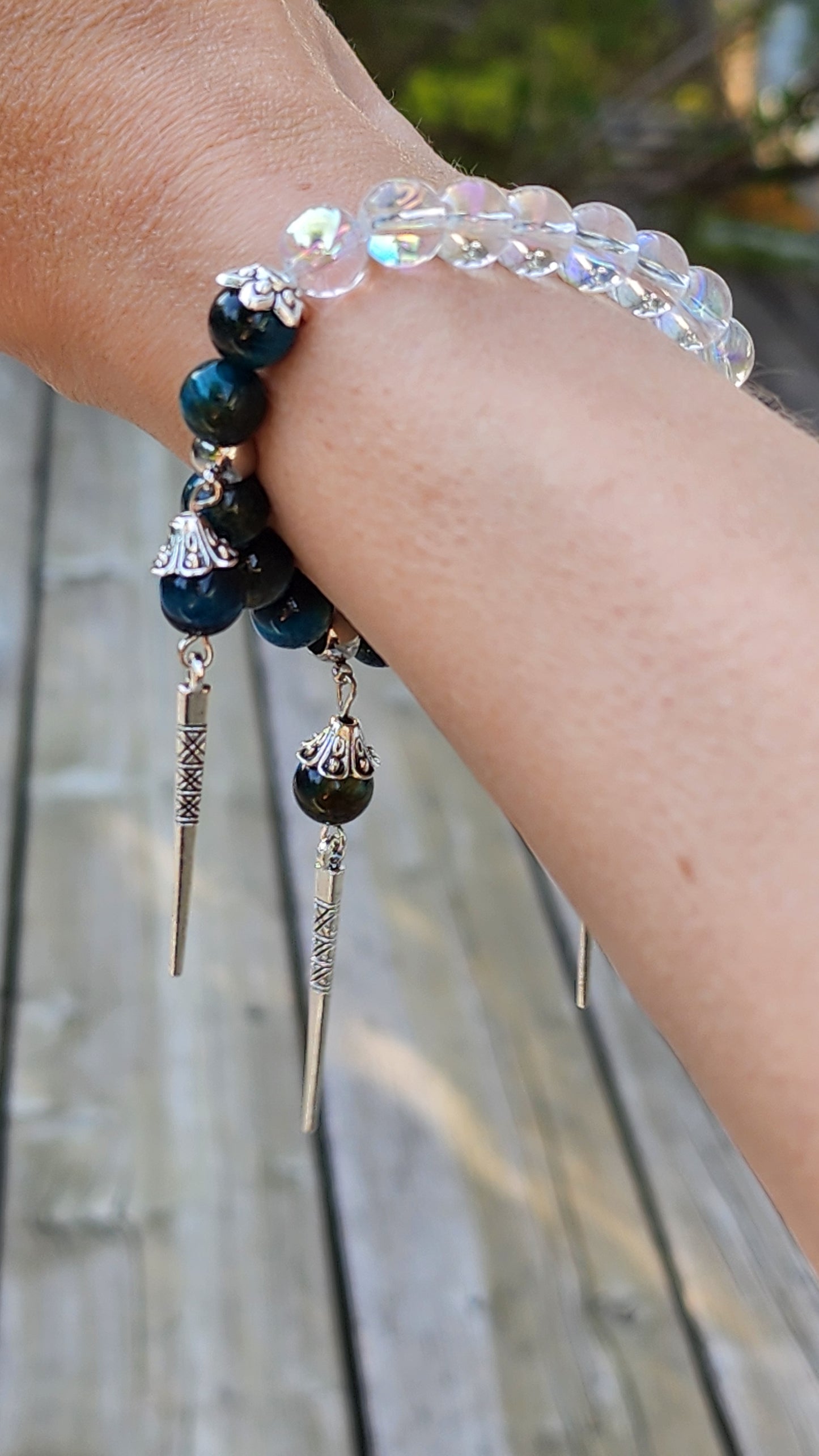 Ensemble de bijoux / bracelet / boucles d'oreilles / chaîne Oeil de tigre bleu