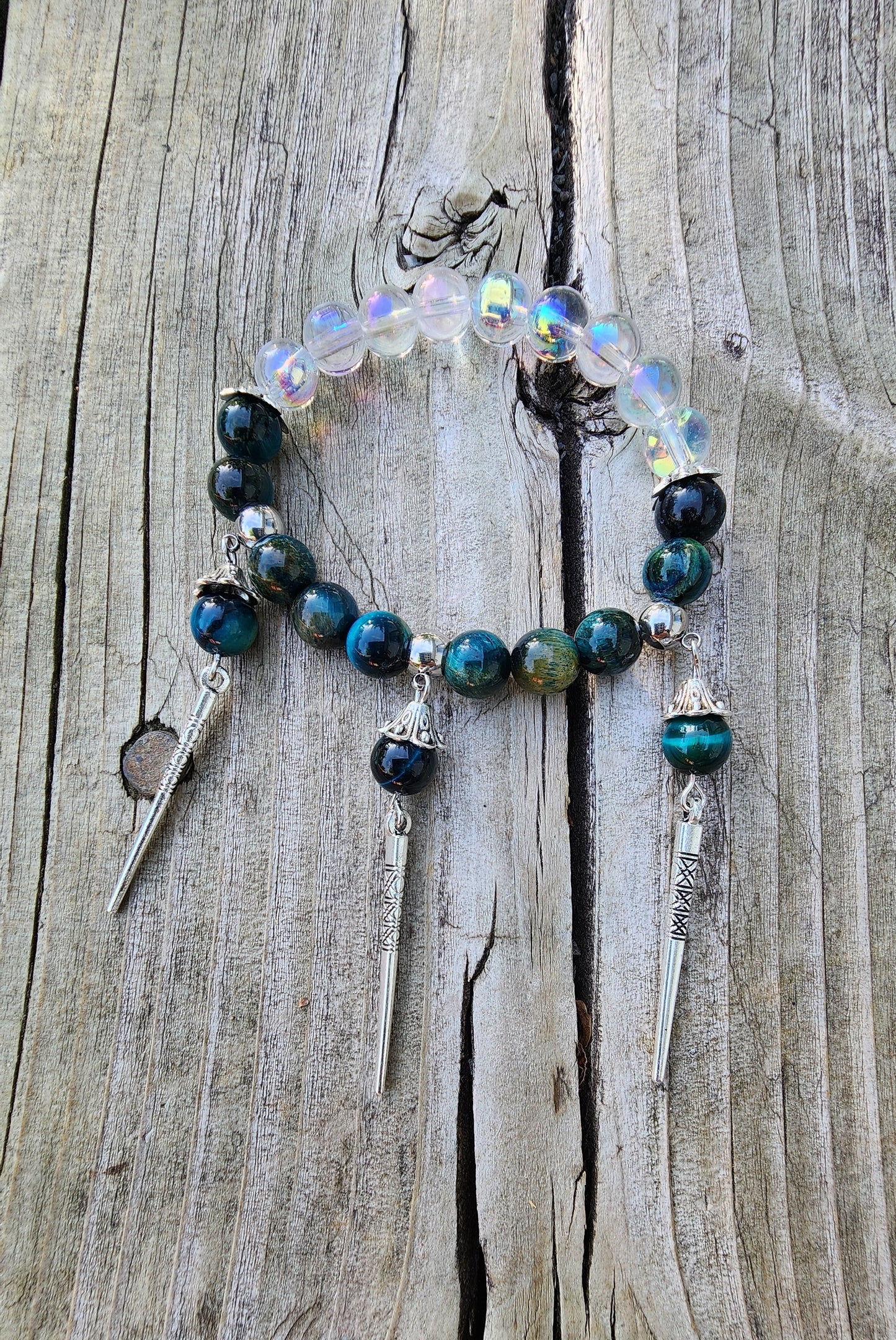Ensemble de bijoux / bracelet / boucles d'oreilles / chaîne Oeil de tigre bleu