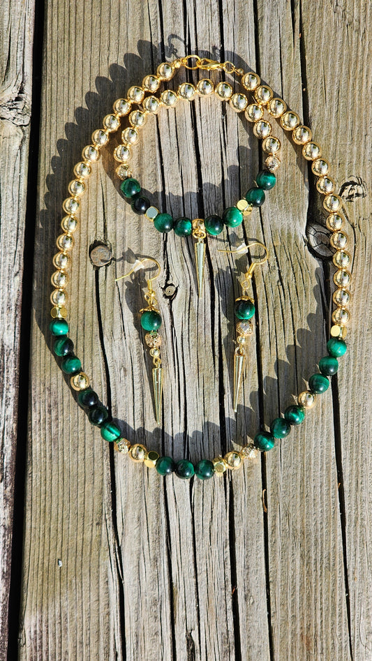 Ensemble de bijoux / collier / bracelet / boucles d'oreilles Oeil de tigre vert